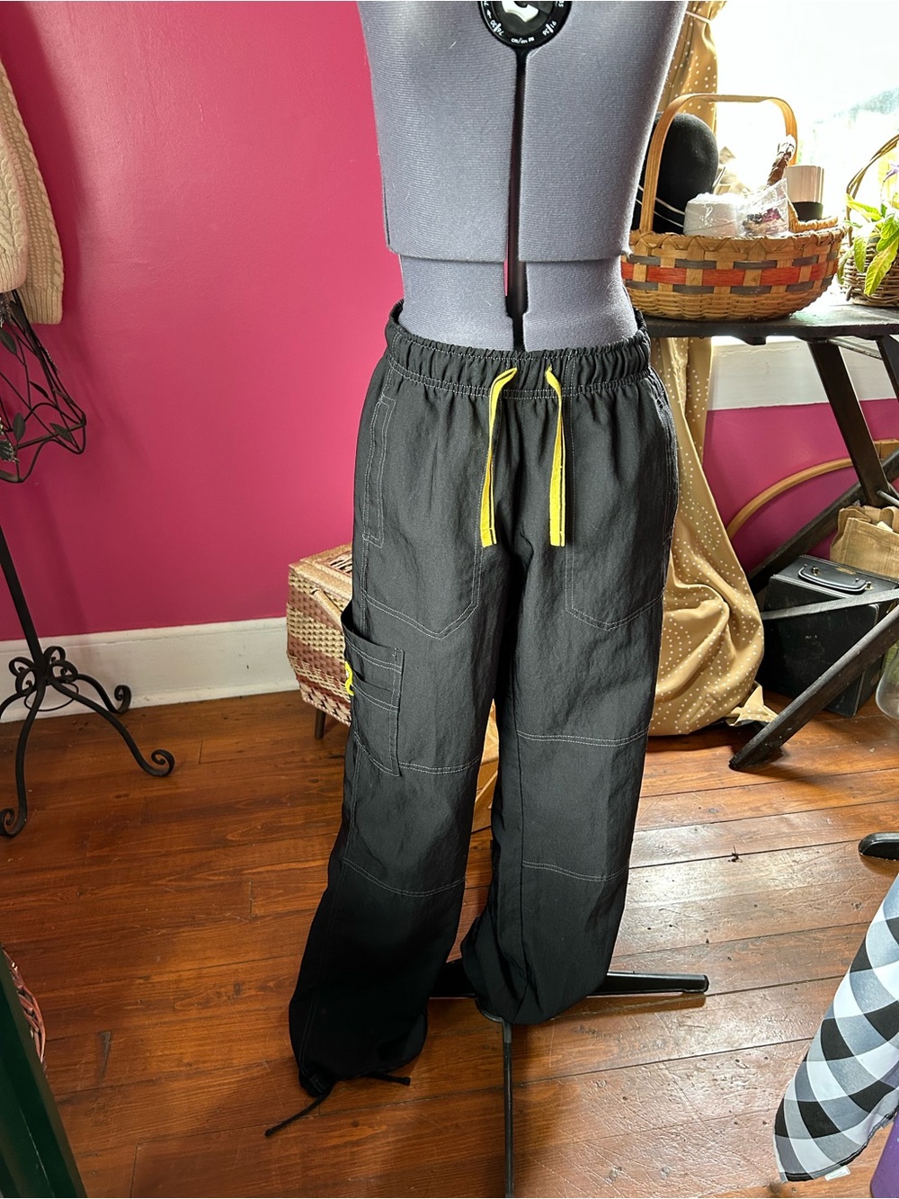 Black Cargo Pants with Yellow Drawstring